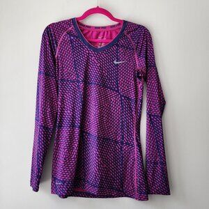 Nike Pro Dri-Fit Running Shirt | Small | Long Sleeve V Neck, Pink Purple, Fitted